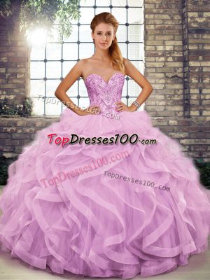 Designer Sleeveless Tulle Floor Length Lace Up Quinceanera Gown in Lilac with Beading and Ruffles