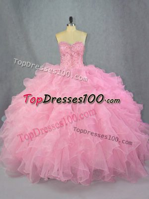 Pink Lace Up Sweet 16 Dress Beading and Ruffles Sleeveless Floor Length