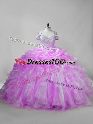 Straps Sleeveless Organza Ball Gown Prom Dress Beading and Ruffles and Pick Ups Brush Train Lace Up