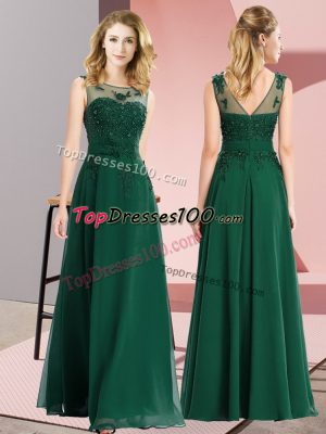 Floor Length Dark Green Wedding Guest Dresses Chiffon Sleeveless Beading and Appliques