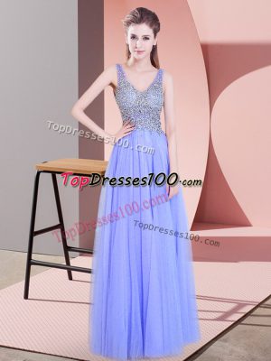 Delicate Lavender Sleeveless Floor Length Beading Zipper Prom Evening Gown
