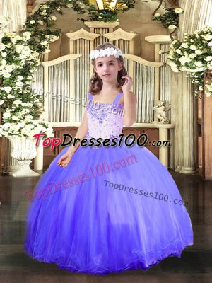 Blue Ball Gowns Straps Sleeveless Tulle Floor Length Lace Up Beading Little Girl Pageant Dress