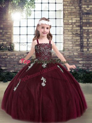 Beauteous Burgundy Straps Neckline Beading and Appliques Kids Formal Wear Sleeveless Lace Up