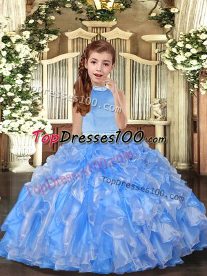 Baby Blue Kids Pageant Dress Party and Sweet 16 and Wedding Party with Beading and Ruffles Halter Top Sleeveless Backless