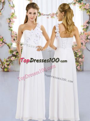 Designer White Empire Chiffon One Shoulder Sleeveless Hand Made Flower Floor Length Lace Up Quinceanera Dama Dress