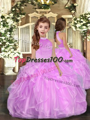 Custom Made Floor Length Lilac High School Pageant Dress Organza Sleeveless Beading and Ruffles
