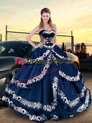 Inexpensive Navy Blue Half Sleeves Embroidery Asymmetrical Quinceanera Gown