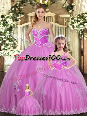 Edgy Lilac Ball Gowns Tulle Sweetheart Sleeveless Beading and Appliques Floor Length Lace Up Quince Ball Gowns