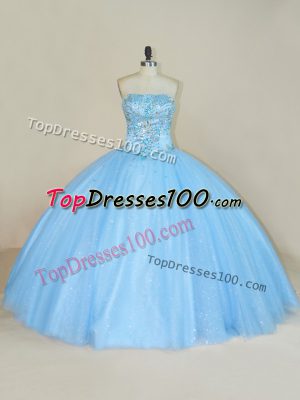 Elegant Blue Strapless Lace Up Beading Quinceanera Gown Sleeveless