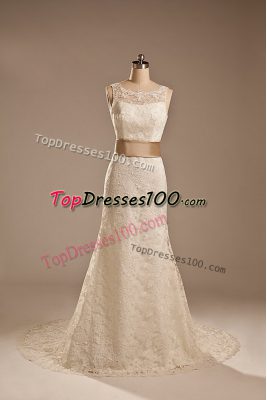 White Column/Sheath Scoop Sleeveless Lace Brush Train Backless Lace and Belt Wedding Dresses