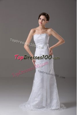 Delicate Sleeveless Brush Train Lace and Belt Zipper Wedding Dresses
