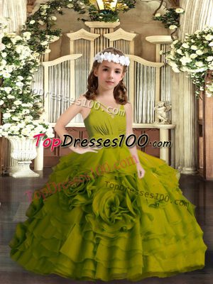 New Style Olive Green Ball Gowns Straps Sleeveless Organza Floor Length Zipper Ruffled Layers Kids Formal Wear