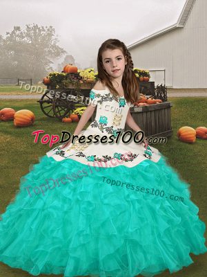 Straps Long Sleeves Lace Up Embroidery and Ruffles Pageant Gowns For Girls in Turquoise