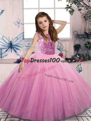 Lilac Ball Gowns Scoop Sleeveless Tulle Floor Length Lace Up Beading Pageant Dress for Girls