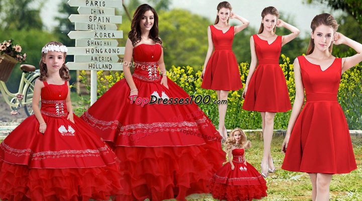 Elegant Red Satin and Organza Lace Up Strapless Sleeveless Floor Length Quinceanera Gown Embroidery and Ruffles