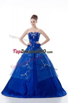 Nice Royal Blue Sleeveless Floor Length Embroidery and Ruffled Layers Lace Up Quinceanera Gowns