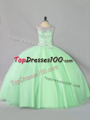Scoop Sleeveless Quinceanera Gowns Floor Length Sequins Apple Green Tulle