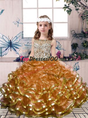 Brown Pageant Gowns For Girls Party and Military Ball and Wedding Party with Beading and Ruffles Scoop Sleeveless Lace Up