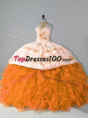 Court Train Ball Gowns Vestidos de Quinceanera Orange Halter Top Organza Sleeveless Floor Length Lace Up