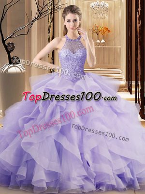 Beading and Ruffles 15 Quinceanera Dress Lavender Lace Up Sleeveless Sweep Train