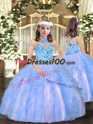 Excellent Blue Pageant Gowns Party and Wedding Party with Appliques and Ruffles Halter Top Sleeveless Lace Up