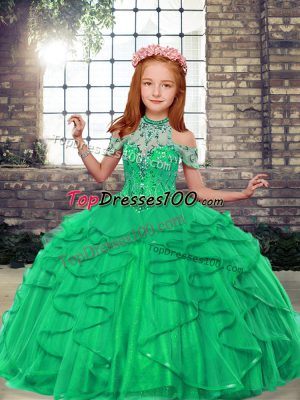 Turquoise Ball Gowns Beading and Ruffles Pageant Dress for Teens Lace Up Tulle Sleeveless Floor Length