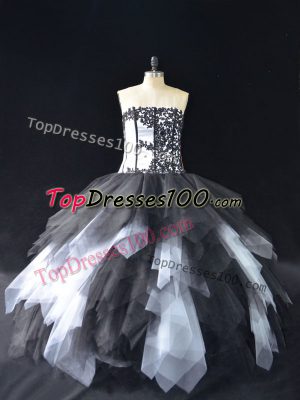 Ball Gowns Quince Ball Gowns White And Black Strapless Tulle Sleeveless Floor Length Lace Up