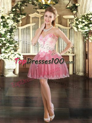 On Sale Watermelon Red Tulle Lace Up Custom Made Sleeveless Mini Length Beading and Appliques