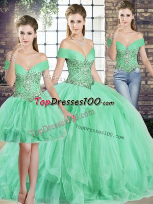 Excellent Apple Green Quinceanera Gowns Military Ball and Sweet 16 and Quinceanera with Beading and Ruffles Off The Shoulder Sleeveless Lace Up
