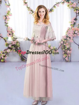 Pink Off The Shoulder Neckline Lace and Belt Bridesmaid Dress Half Sleeves Side Zipper