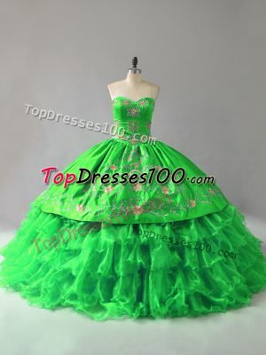 Sleeveless Organza Floor Length Lace Up Quinceanera Dress in with Embroidery and Ruffles