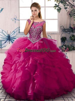 Pretty Floor Length Zipper Ball Gown Prom Dress Fuchsia for Sweet 16 and Quinceanera with Beading and Ruffles
