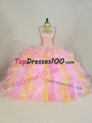 Multi-color Organza Lace Up Halter Top Sleeveless Floor Length Quinceanera Dresses Beading and Ruffles