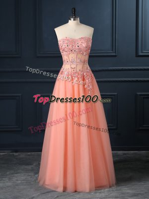 Artistic Orange A-line Tulle Sweetheart Sleeveless Lace and Appliques Floor Length Zipper Evening Dress