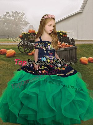 Turquoise Lace Up Straps Embroidery and Ruffles Pageant Dress Toddler Tulle Sleeveless