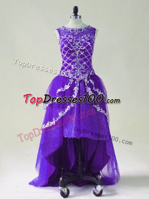 Romantic A-line Dress for Prom Purple Scoop Tulle Sleeveless High Low Zipper