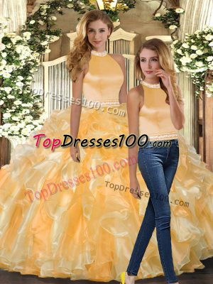 Gold Organza Backless Halter Top Sleeveless Floor Length Sweet 16 Dress Beading and Ruffles
