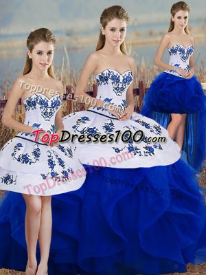 Elegant Floor Length Royal Blue 15 Quinceanera Dress Tulle Sleeveless Embroidery and Ruffles and Bowknot