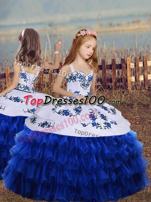 Organza Straps Sleeveless Lace Up Embroidery and Ruffled Layers Little Girl Pageant Gowns in Royal Blue