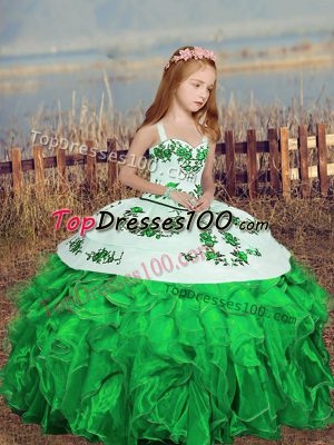 Green Ball Gowns Embroidery Pageant Dress Lace Up Organza Sleeveless Floor Length