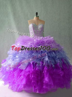 Multi-color Ball Gowns Organza Sweetheart Sleeveless Beading and Ruffles Floor Length Lace Up Ball Gown Prom Dress