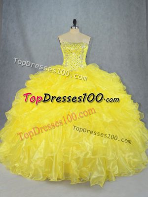 Cheap Strapless Sleeveless Sweet 16 Dresses Asymmetrical Beading and Ruffles Yellow Organza