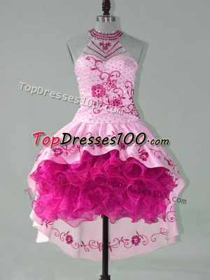 Exceptional Pink Halter Top Lace Up Embroidery and Ruffles Custom Made Sleeveless