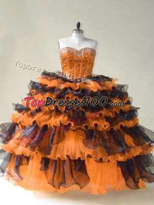 Beading Quince Ball Gowns Orange Lace Up Sleeveless Floor Length