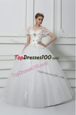 High Class White Short Sleeves Beading and Appliques Floor Length Bridal Gown