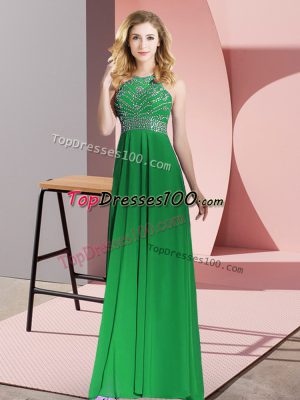 Custom Design Green Chiffon Backless Scoop Sleeveless Floor Length Prom Gown Beading