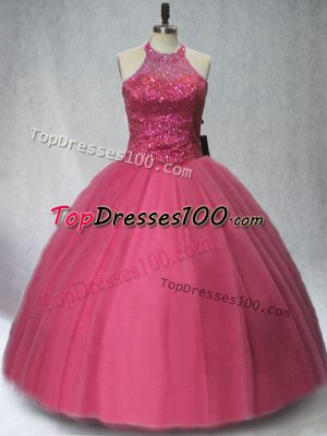 Unique Tulle Halter Top Sleeveless Lace Up Beading Vestidos de Quinceanera in Red