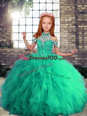 Turquoise Ball Gowns Halter Top Sleeveless Tulle Floor Length Lace Up Beading and Ruffles Pageant Dress Toddler
