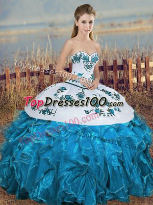 Top Selling Blue And White Ball Gowns Organza Sweetheart Sleeveless Embroidery and Ruffles and Bowknot Floor Length Lace Up Quinceanera Dress