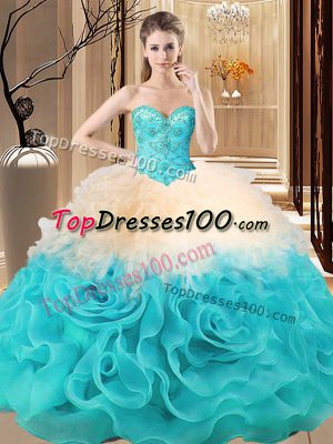 Cute Floor Length Multi-color Quinceanera Gown Fabric With Rolling Flowers Sleeveless Beading and Ruffles